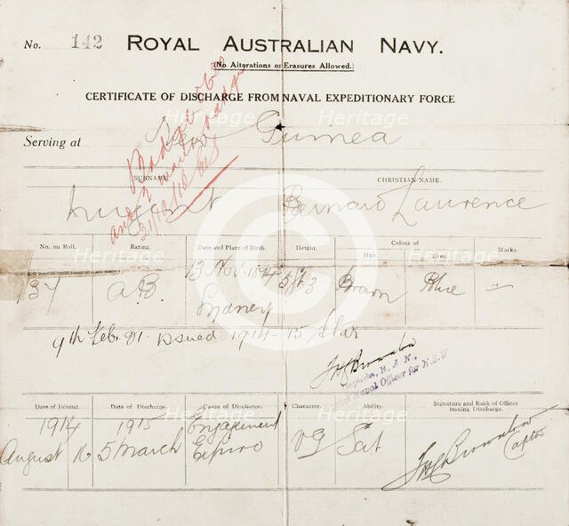 Certificate of discharge for Bernard Laurence 'Barney' Nugent from the Naval Expeditionary Force. Creator: Murphy.