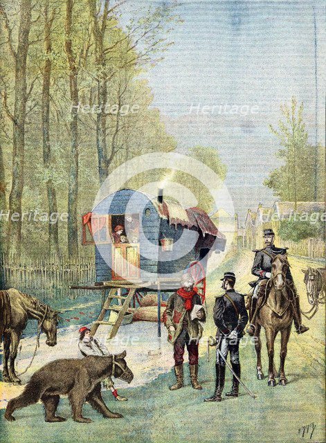Gendarmes taking census forms to an encampment of itinerant gipsies in their caravan, 1895. Artist: Unknown