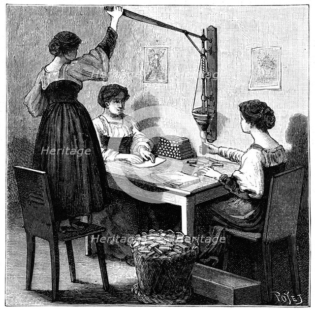 Women packing dynamite cartridges, 1888.  Artist: Anon