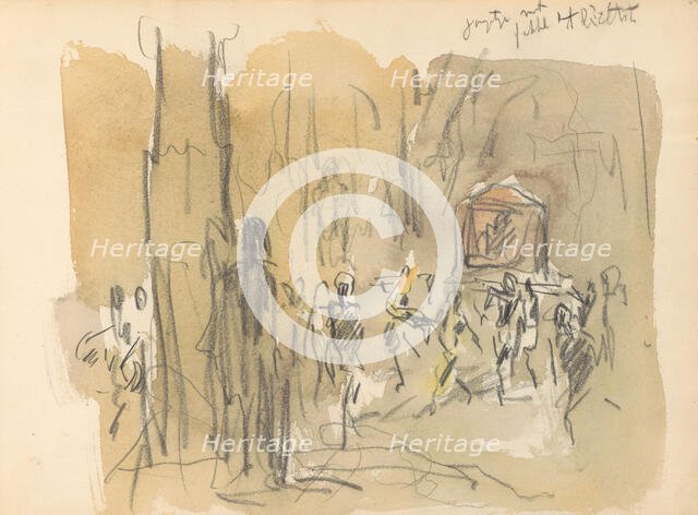 Boy with a torch by a wood fire, 1924-1925. Creator: Marius Bauer.