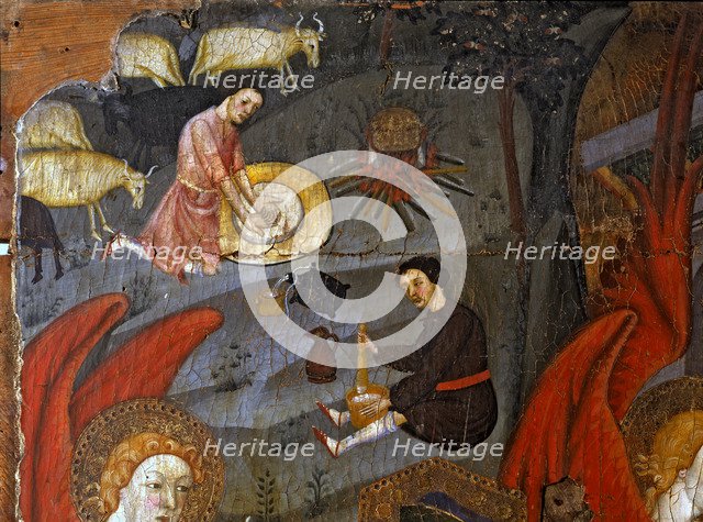 Detail of the altarpiece dedicated to the Virgin with the Annunciation and shepherds making chees…