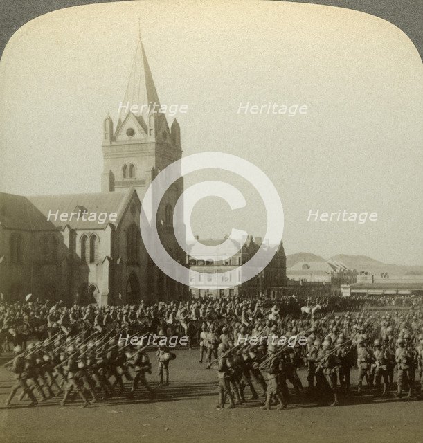 British soldiers reviewed by Lord Roberts, Public Square, Pretoria, South Africa, Boer War, 1900.Artist: Underwood & Underwood