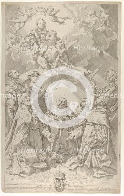 Patron saints of Bologna looking upwards at the Virgin who is seated in the clouds with..., 1640-50. Creator: Flaminio Torre.