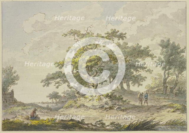 Groups of oak trees, two hikers on the right, a seated figure on the left. Creator: Hermanus van Brussel.