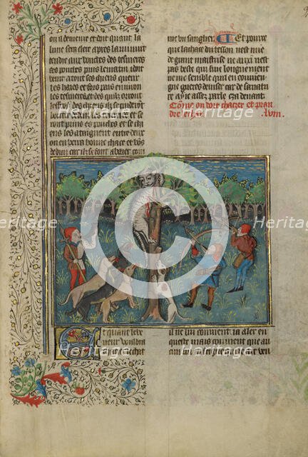 A Hunter and Dogs Attacking a Wild Cat up a Tree; Livre de la Chasse, about 1430-1440. Creator: Unknown.