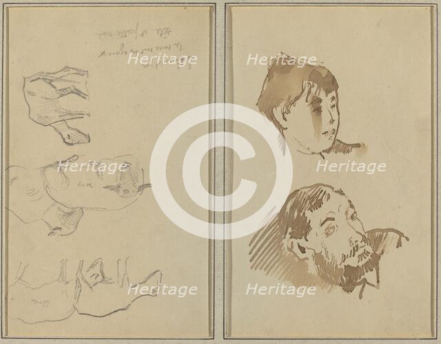 Five Sheep; Head of a Woman and Head of a Bearded Man [recto], 1884-1888. Creator: Paul Gauguin.