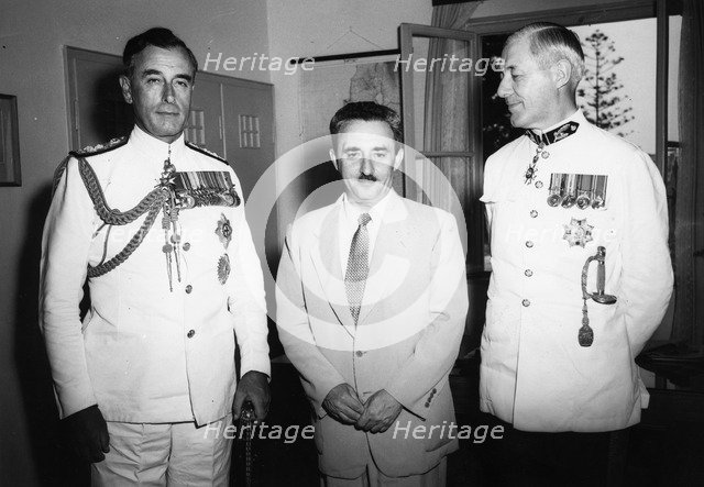 Lord Mountbatten (1900-1979), Viceroy of India, with Moshe Sharett (1894-1965), PM of Israel, 1952. Artist: Unknown