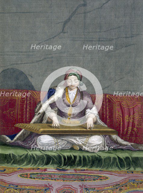 Turkish girl playing a keyboard plucking instrument, pub. 1707-08. Creator: Charles de Ferriol (1652-1722).