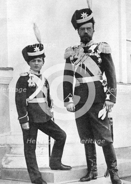 Tsar Nicholas II of Russia and his son, Alexei, in military uniform, c1910-c1916 Artist: Unknown