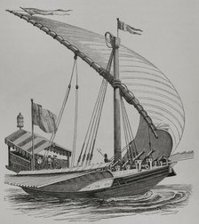 Pontifical galley equipped with large stays, sails, oars and heavy artillery, 1550 (1877.  Creator: Unknown.