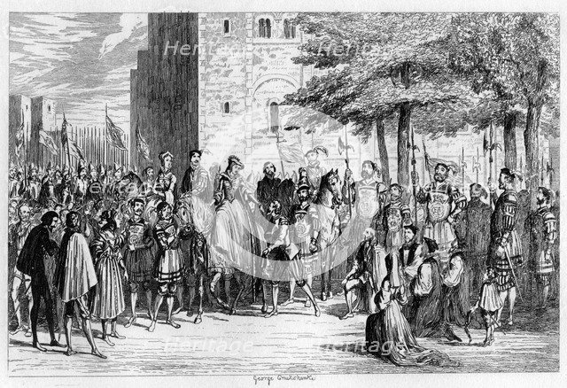Queen Mary receiving the prisoners on the Tower Green, 1553 (1840). Artist: George Cruikshank