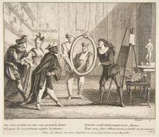 Pierrot and Scaramouche show the portrait of Harlequin.n.d. Creators: Claude Gillot, Jacques Gabriel Huquier.