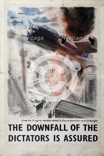 Ninety four 4-engined bombers attack Le Creusot armament works in daylight, between 1939 and 1946. Creators: Central Office of Information, Michael O'Connell.