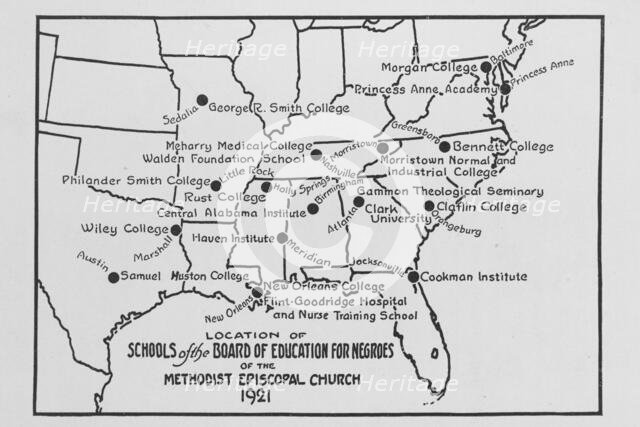 Location of schools of the Board of Education for Negroes of the Methodist Episcopal..., 1921, 1922. Creator: Unknown.