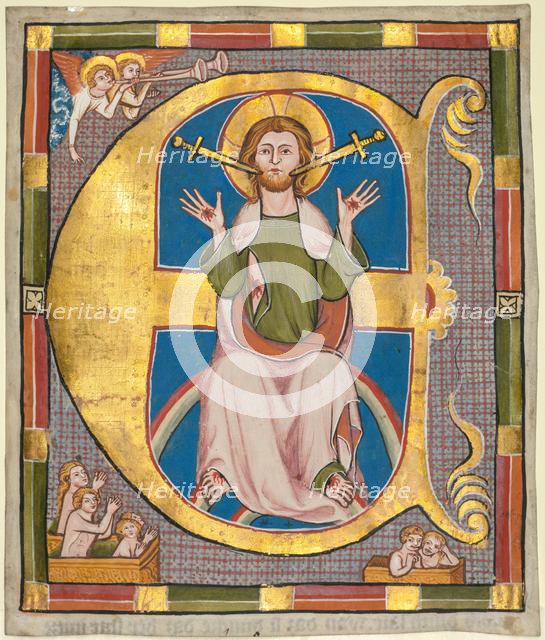 Initial E from a Municipal Law Book: The Last Judgment, c. 1330. Creator: Unknown.