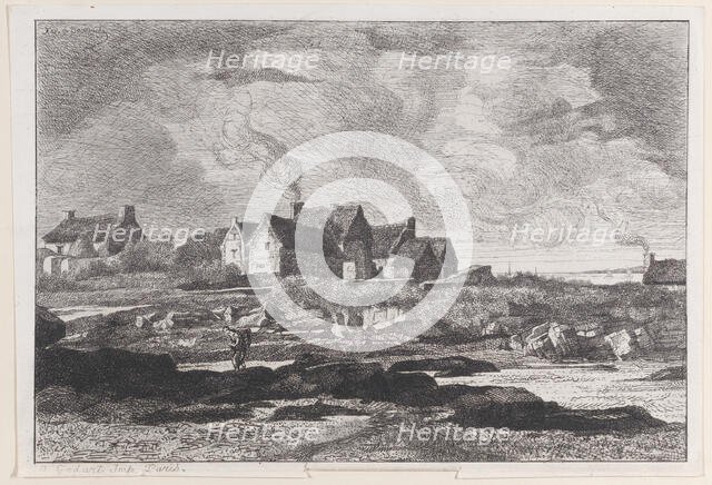 Country landscape with a river running at right and houses in the background, 1845-75. Creator: Xavier de Dananche.