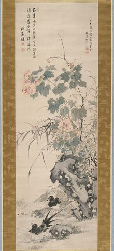 Hibiscus and Magpies, 1847. Creator: Yamamoto Baiitsu.