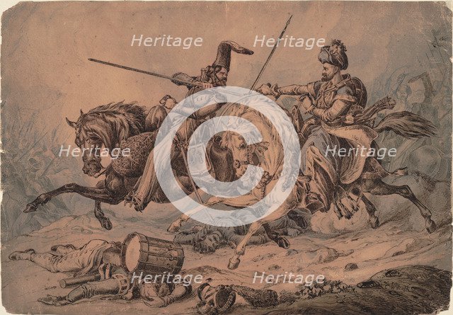 Russian Cossack in combat with a Mameluke, 1815. Artist: Heath, William (1795-1840)