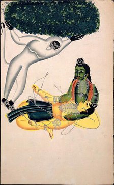 Hanuman, the monkey god, brings a Himalayan mountain with the herb... between 1800 and 1899. Creator: Unknown.