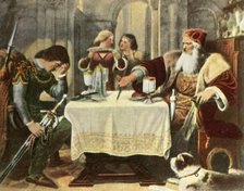 Eberhard cuts in half the tablecloth between himself and his son Ulrich, 1377, (1936). Creator: Unknown.