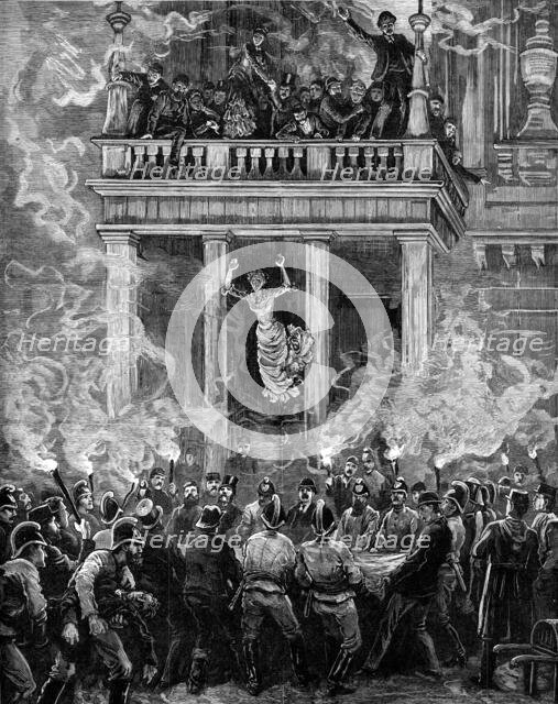 Burning of the Ring Theatre, Vienna: how some were saved - from a sketch by A. Schönauer, 1881. Creator: Unknown.