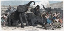 Combat between gladiators and circus elephants, engraving 1862.