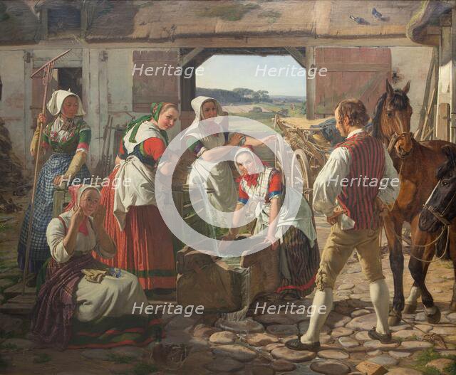 Young female farmworkers by a well, Zealand, 1850. Creator: Jorgen Pedersen Roed.