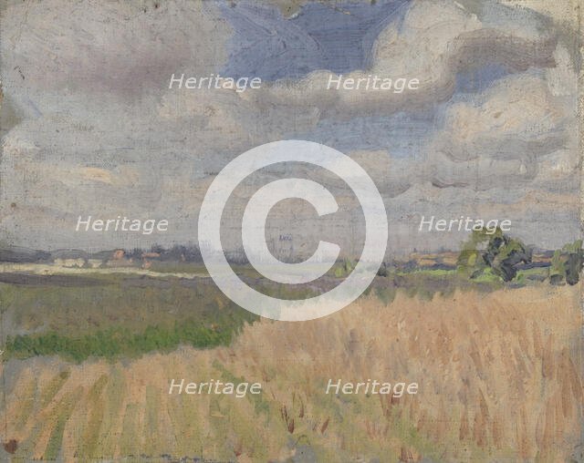 Study of a cornfield in Summer with a view of distant buildings, (late 1870s/1880s?). Creator: George Clausen.