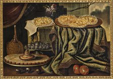 Cake and a glass vase with roses on a draped ledge, a bottle and pewter plates..., Early 18th cen. Creator: Anonymous.