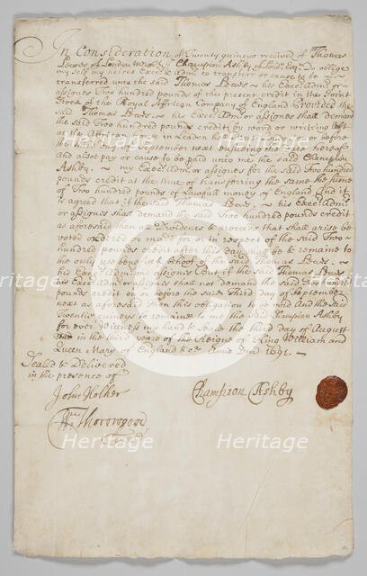 Stock share certificate for the Royal African Company, 1691. Creator: Champion Ashby.