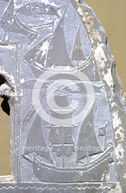 Detail of ships on carved lunette (window) from Greek Byzantine church, 9th-10th Century. Artist: Unknown.