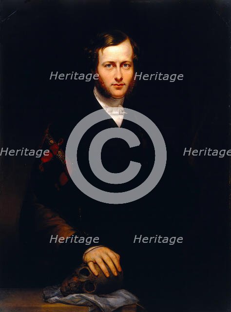 A man (George Dixon Longstaff?) wearing academic robes and holding a skull, 1835. Creator: Carl Schmid.