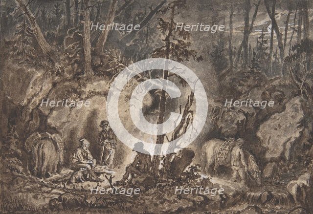 Hunters resting in a forest at night, 1830-60. Creator: Kilian Christoffer Zoll.