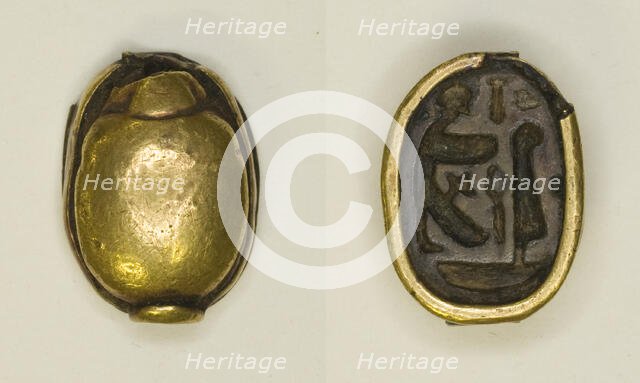 Scarab: Hieroglyphs and Figures (Re-Harakhti, nb- and ma'at signs), Egypt, New Kingdom... Creator: Unknown.