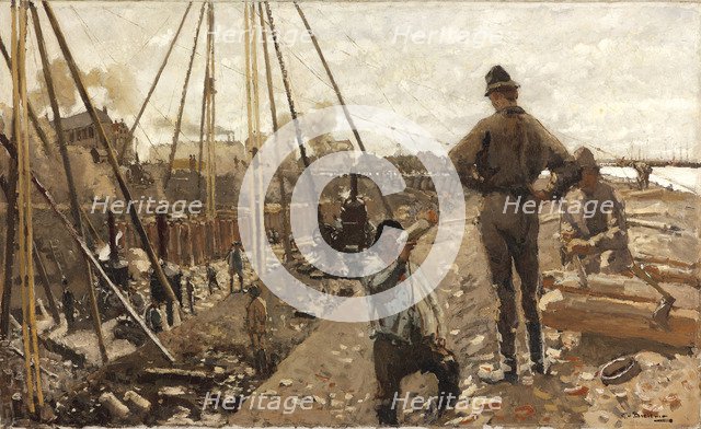 The pile driving on the Van Diemenstraat in Amsterdam, 1897.