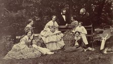 [Group Portrait of Four Women, Two Men and Three Children in a Garden], 1850s-60s. Creator: Franz Antoine.