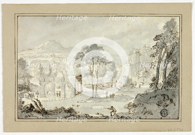 Hunter with Dog, Other Figures in Landscape with Villa, Canal, Pyramid, n.d. Creator: Gaspar van Wittell.