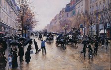 Boulevard Poissoniere in the rain, c1880. Creator: Jean Beraud.