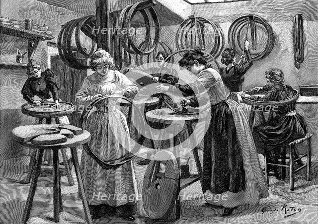 Women making pneumatic tyres for bicycles, France, 1896. Artist: Unknown
