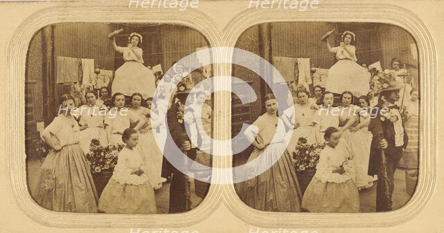 Group of woman following a man, one seated on a litter pouring liquid into a glass, 1855-1860. Creator: Unknown.