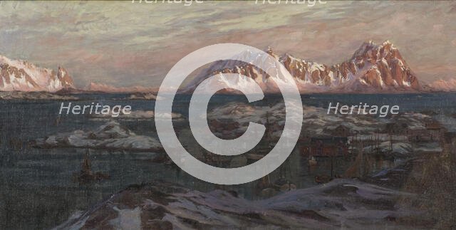 Fishing Harbour with Sunlit Mountains. Study from North Norway, c1900s. Creator: Anna Katarina Boberg.