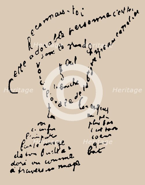 Calligram: "Reconnais-toi", poem to Louise de Coligny-Chatillon, February 9, 1915, 1918. Creator: Apollinaire, Guillaume (1880-1918).