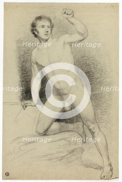 Academic Male Nude Leaning on Platform, n.d. Creator: Barend Cornelis Koekkoek.