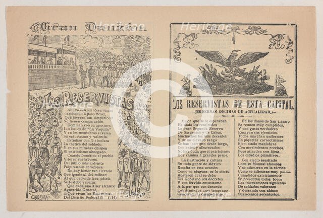 Broadsheet with a song about a military reserve, military personnel in formation,..., ca. 1890-1910. Creator: José Guadalupe Posada.