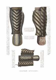 Bulat steel Greaves. From the Antiquities of the Russian State, 1849-1853. Creator: Solntsev, Fyodor Grigoryevich (1801-1892).