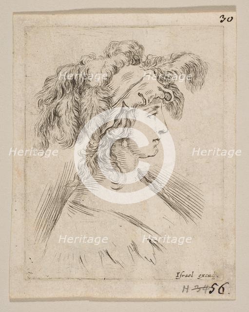 Plate 15: mid-bust of a young woman in profile wearing a hat topped with feathers, fro..., ca. 1649. Creator: Stefano della Bella.