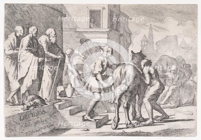 The departure of the prodigal son, shown about to mount a horse, from a series of four..., ca. 1645. Creator: Pietro Testa.
