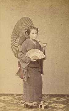 Woman with parasol and fan, about 1868. Creator: Felice Beato.