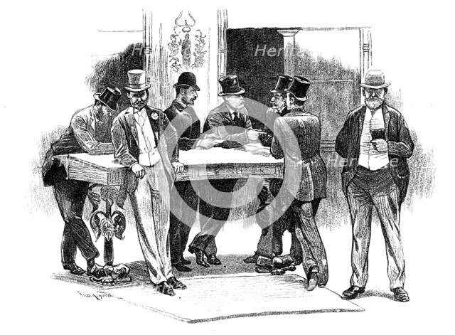 The Colliery Strike and the London Coal Exchange: doing business at the desks, 1890. Creator: Unknown.