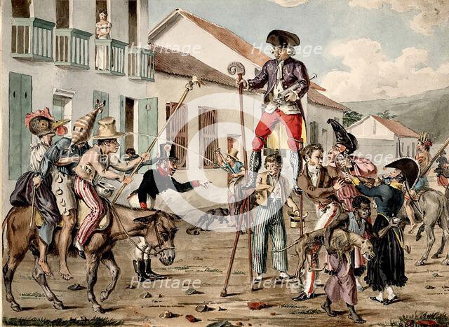 A street carnival in Bogotá, with a battle between personifications of medicine and..., 1822/1828. Creator: Francois Desire Roulin.